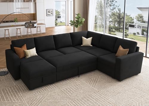 Beige Modular Sectional Sleeper Sofa Bed with Storage Ottoman T3923
