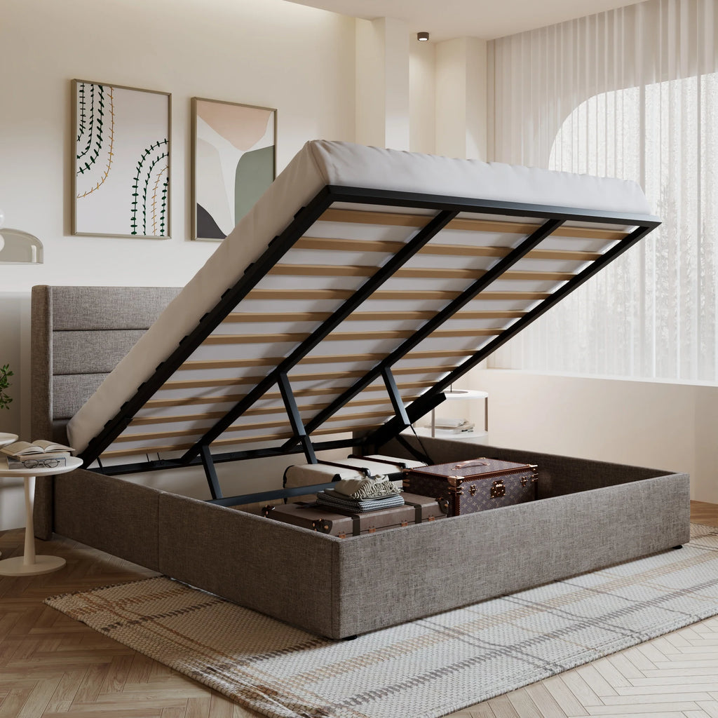 King Size Upholstered Storage Platform Bed Frame with Wingback Headboard T694866
