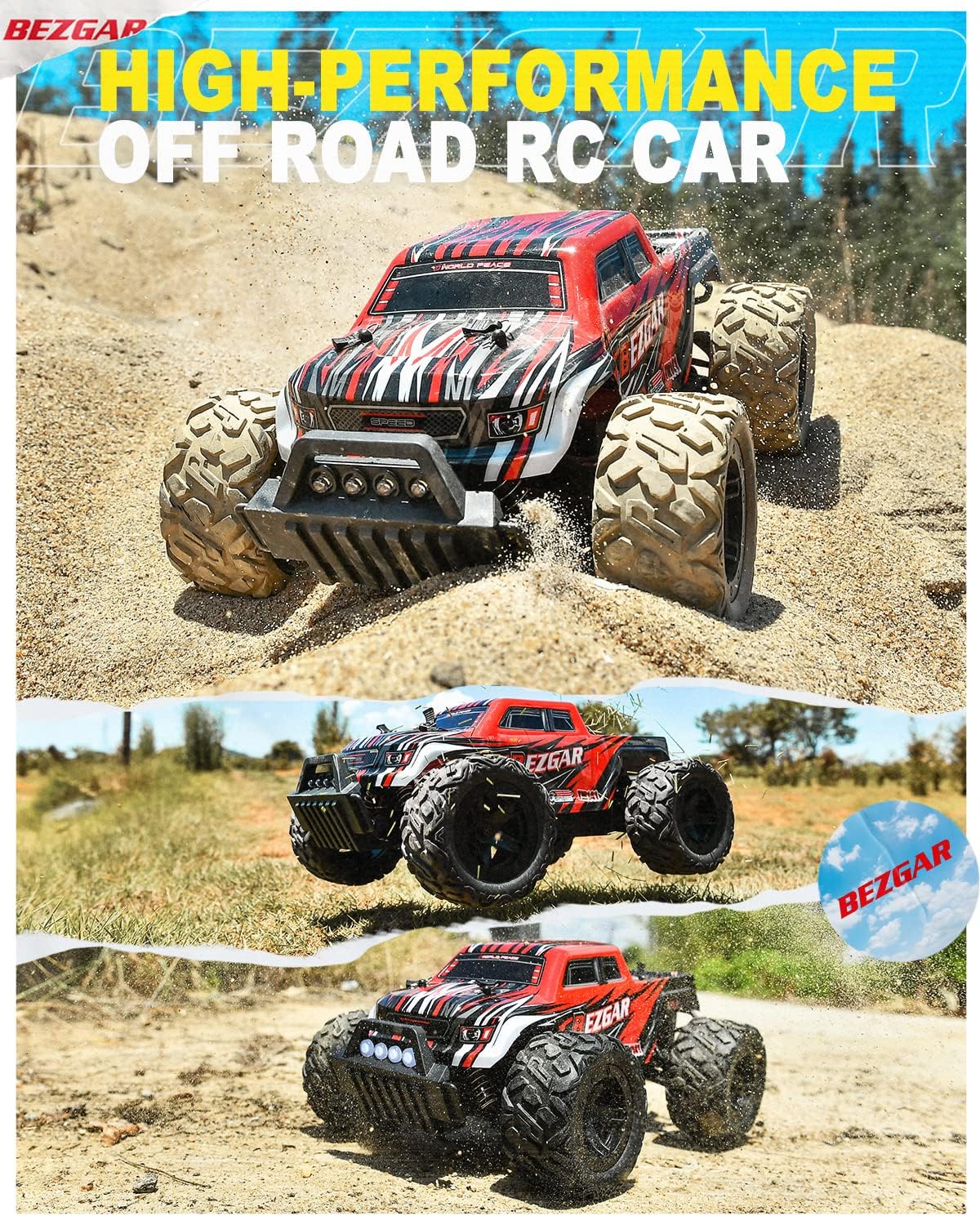 1:14 Scale Remote Control Car, 4WD Electric Toy Off Road RC Monster Truck with Two Rechargeable Batteries E488