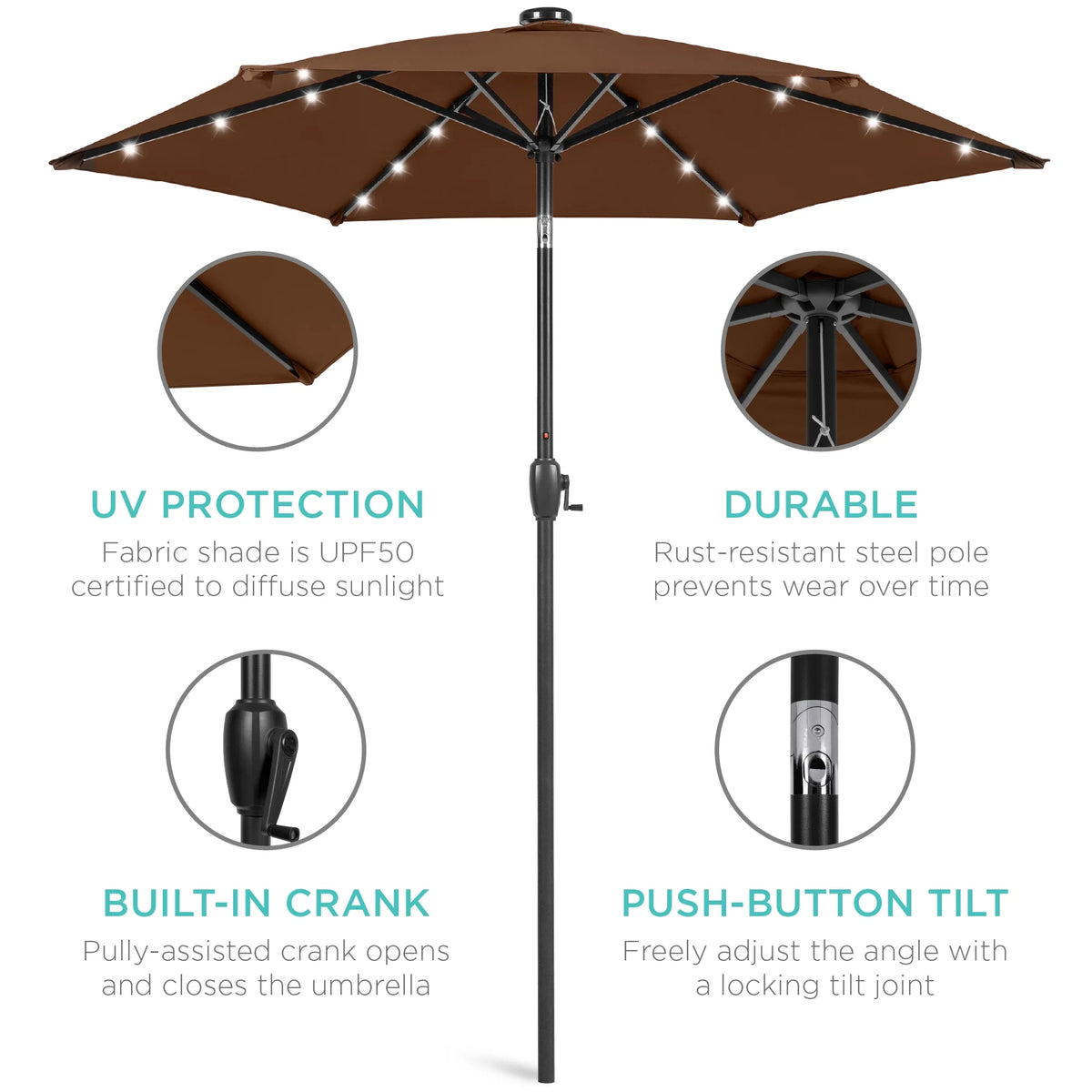 7.5ft Solar Patio Umbrella with Tilt, Crank, LED Lights G780808