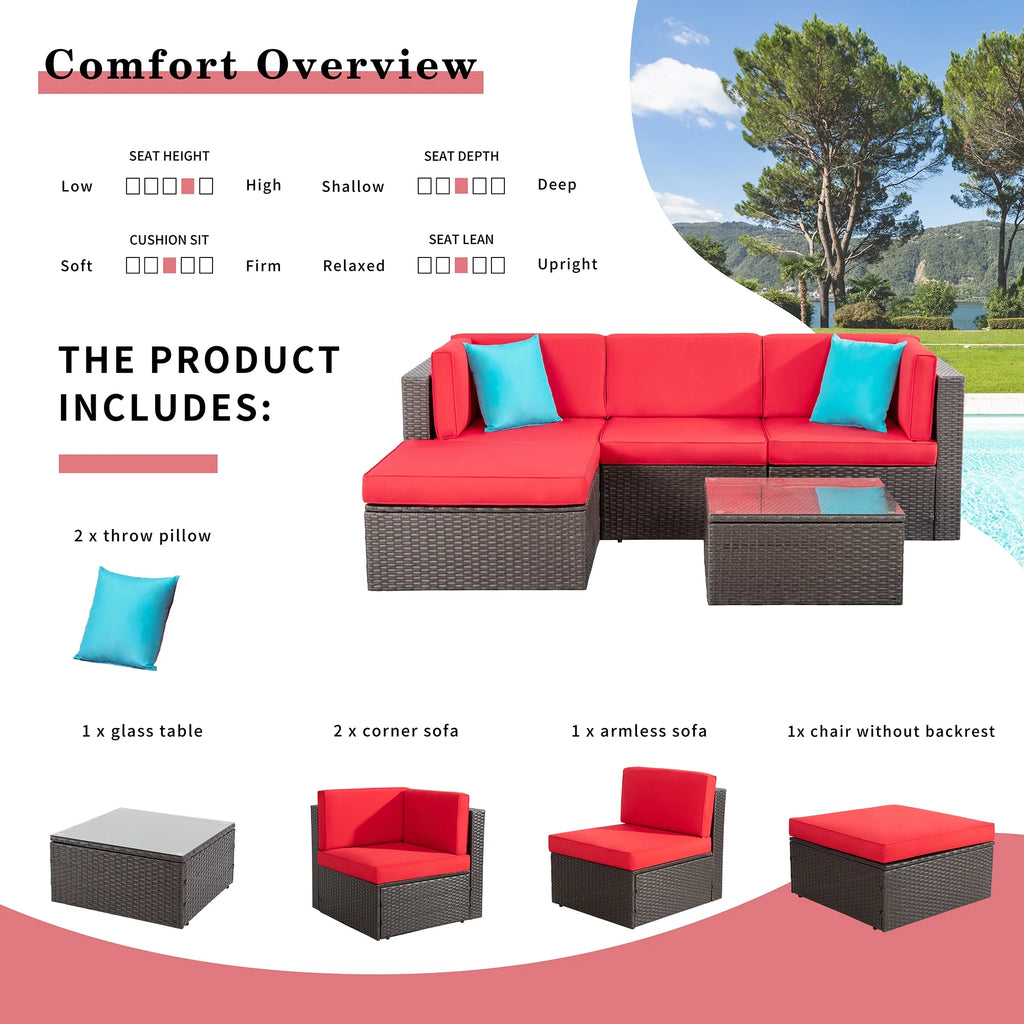 5 Pieces All-Weather PE Rattan Wicker Patio Sofa Set E34780