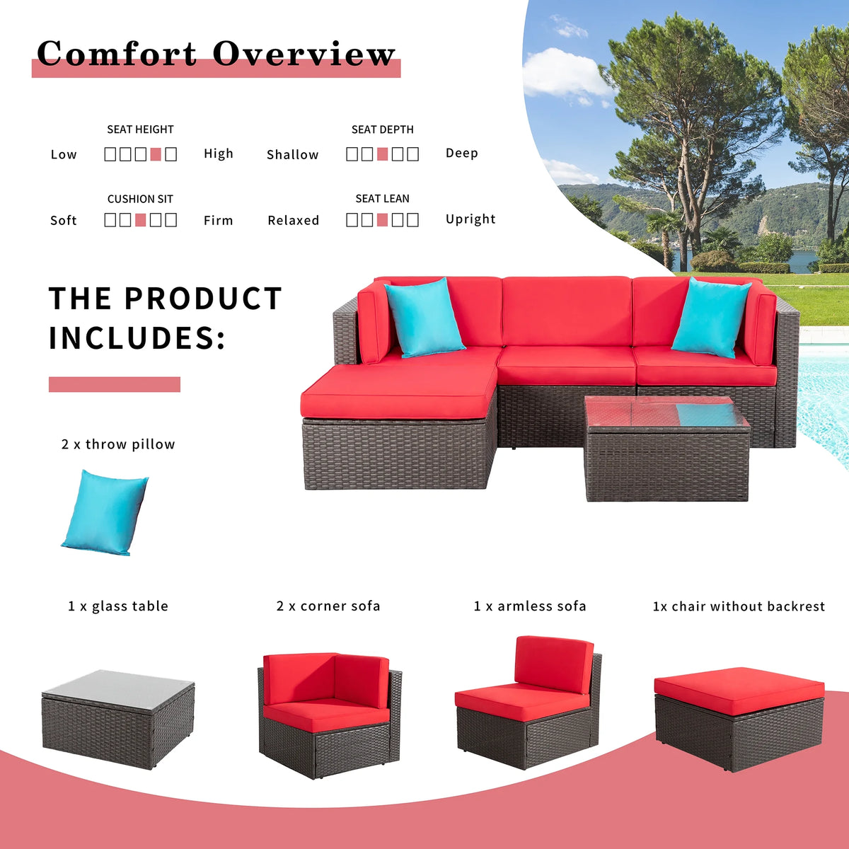 5 Pieces All-Weather PE Rattan Wicker Patio Sofa Set E34780