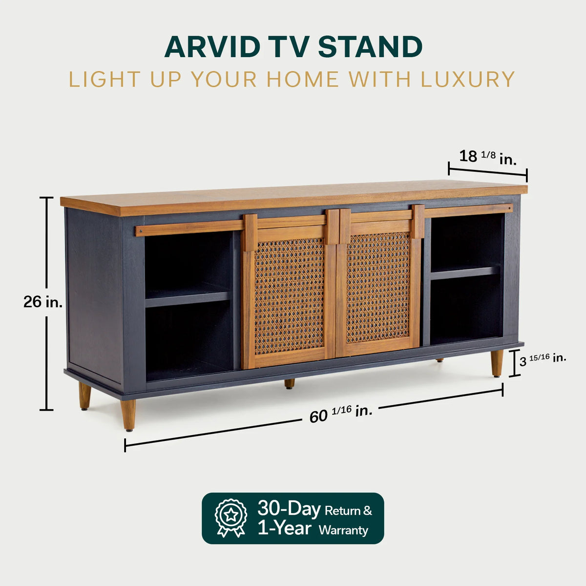 Solid Wood TV Stand 2 Sliding Rattan Doors Navy Blue G307607