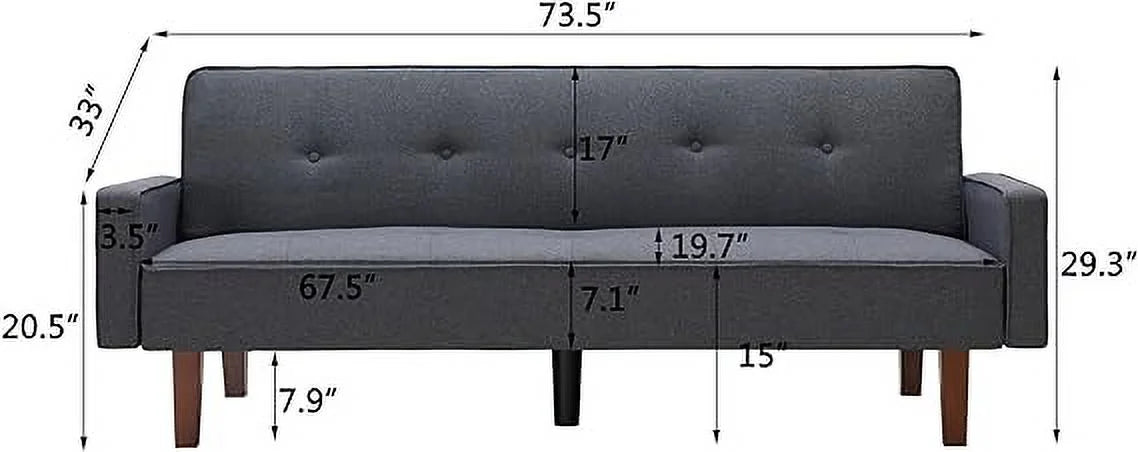 Dark Grey 3-Seat Linen Sofa Bed with 4 Solid Wood Legs V16769