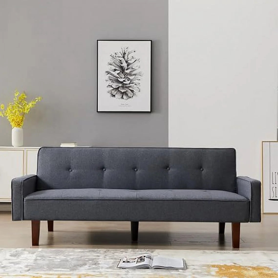 Dark Grey 3-Seat Linen Sofa Bed with 4 Solid Wood Legs V16769