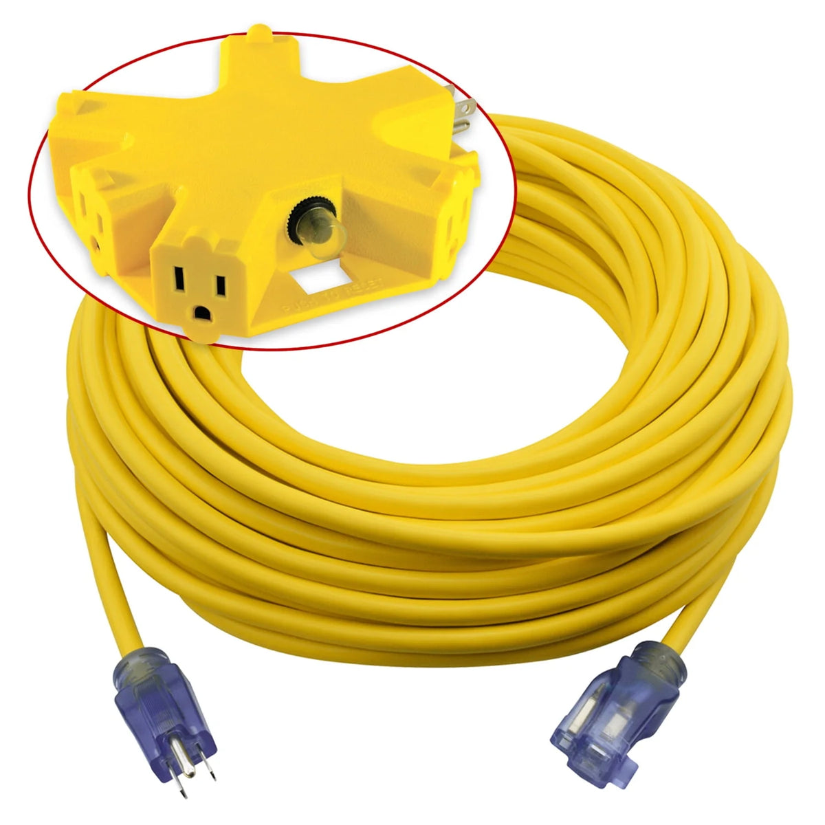 Yellow 100 ft Outdoor Extension Cord with 5 Outlet Adapter K1449
