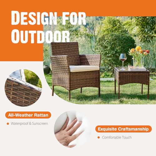 3 Pieces Wicker Rattan Patio Furniture Set with Cushion and Glass Table C2733