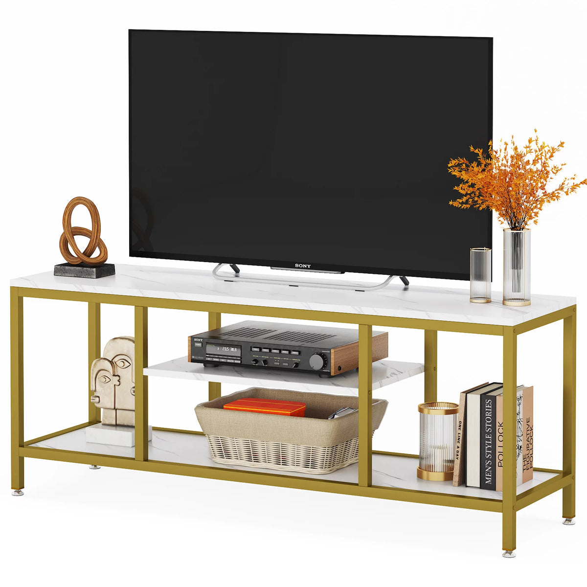 59" 3 Tier TV Stand with Open Storage Shelves B63070