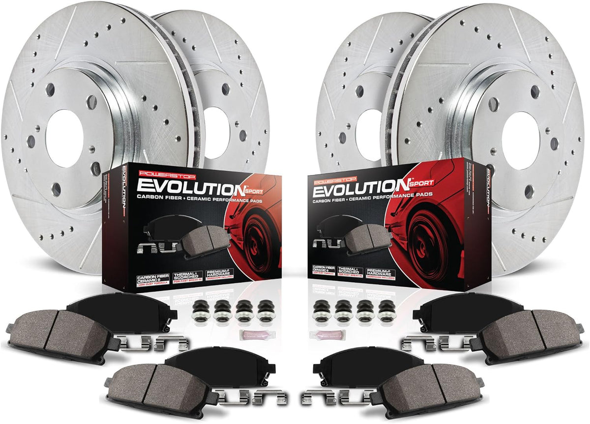 Front and Rear Carbon Fiber Brake Pads with Drilled & Slotted Brake Rotors Kit I117