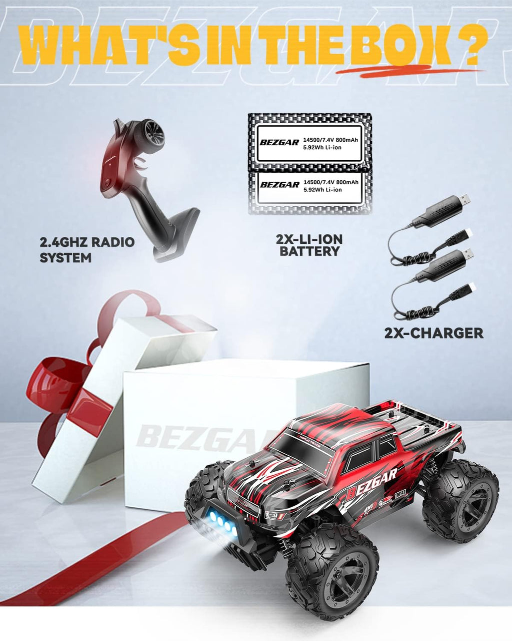 1:14 Scale Remote Control Car, 4WD Electric Toy Off Road RC Monster Truck with Two Rechargeable Batteries E488