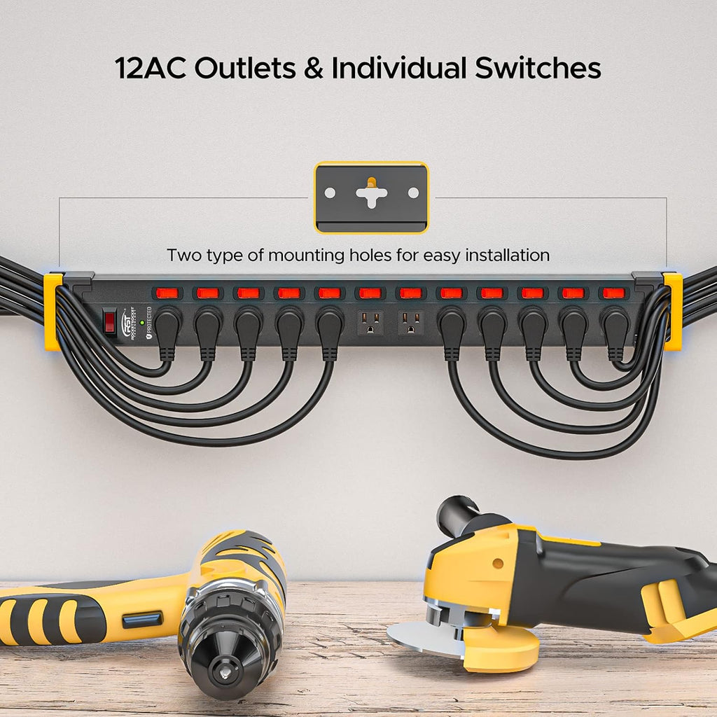 12 Outlets Surge Protector Power Strip with Individual Switches, 9FT, 1020J, 15AMP/1875W, Black, Pack of 2 Y715