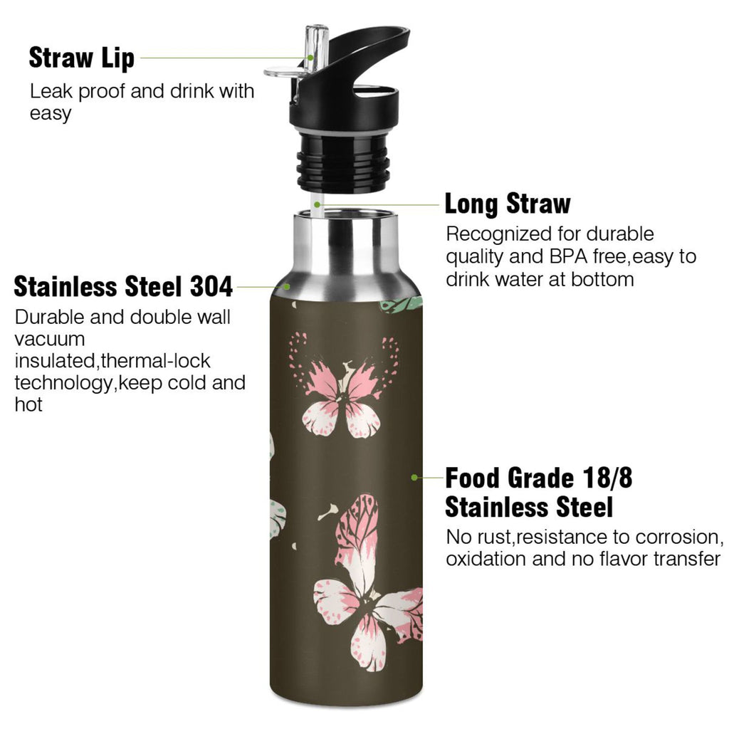 Pink-green Butterfly Leopard Print Stainless Steel Vacuum Insulated Water Bottle with Straw Lid 20 OZ D63662