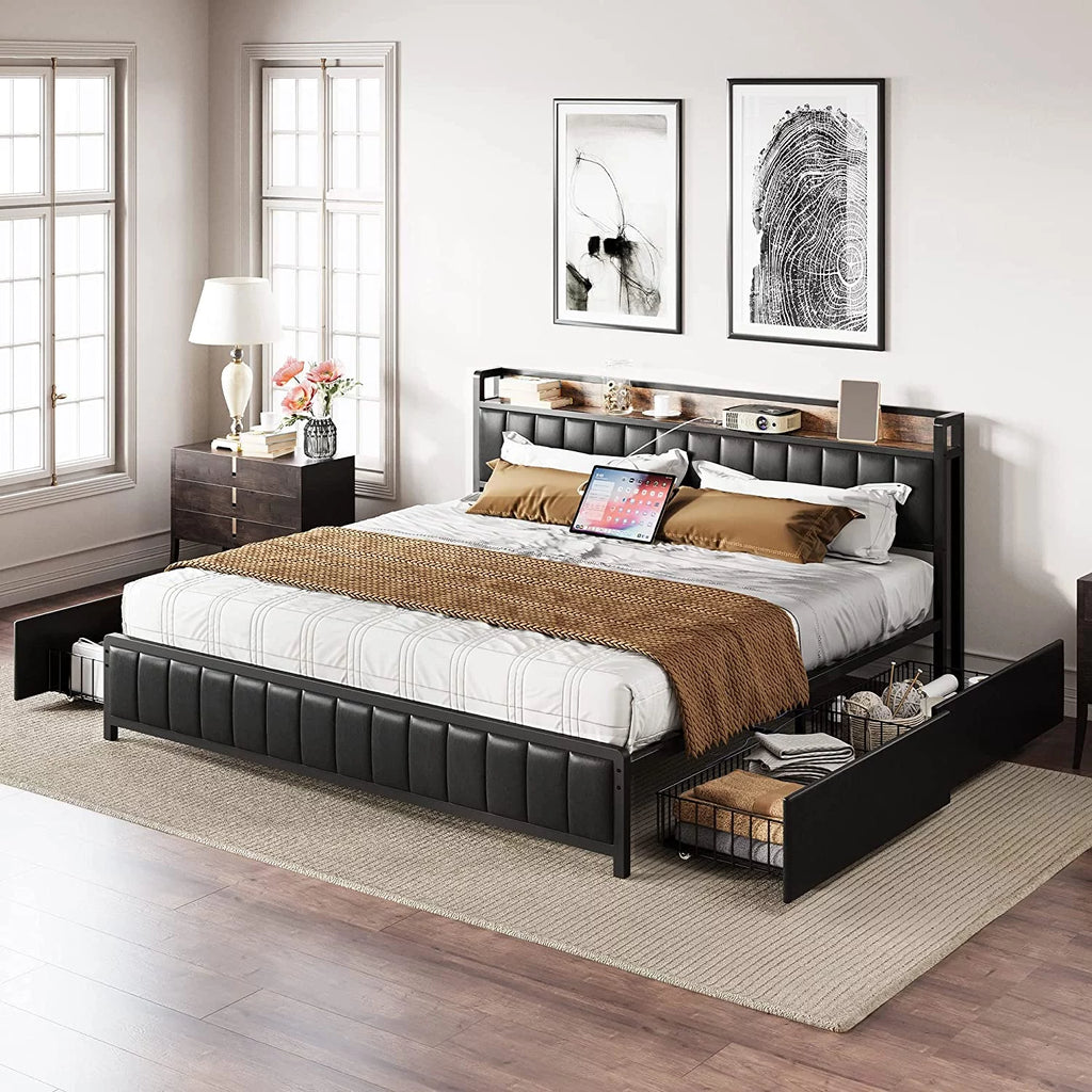 Queen Upholstered Platform Bed with Storage Drawers R2327