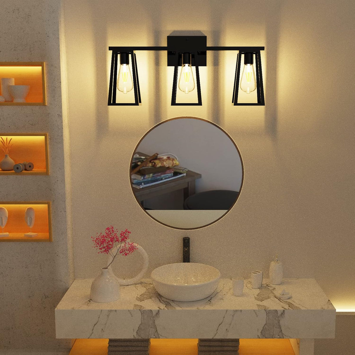 3-Light Matte Black Retro Vanity Light with Amber Glass LED Bulbs I33812