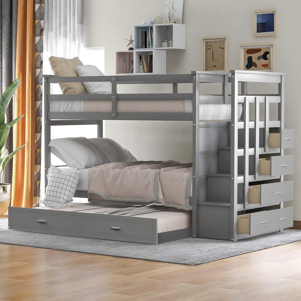 Twin-Over-Twin Wood Bunk Bed with Trundle, 4 Storage Drawers and Staircase H3675
