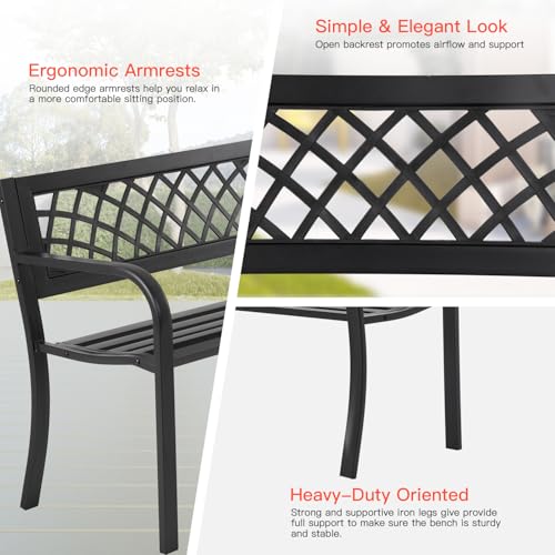 Iron Steel Frame Patio Bench with Mesh Pattern and Plastic Backrest Armrests, Black O36891