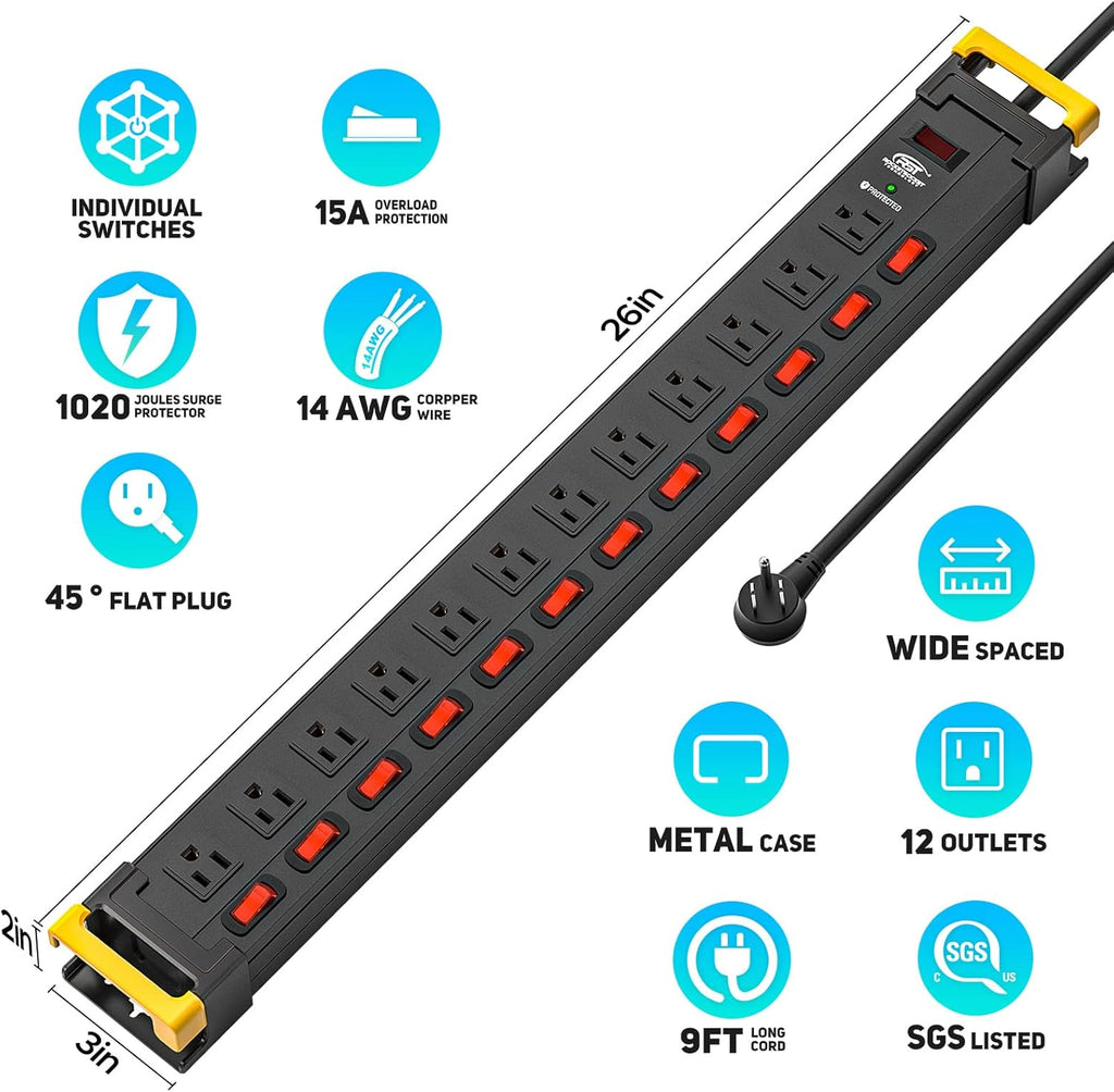 12 Outlets Surge Protector Power Strip with Individual Switches, 9FT, 1020J, 15AMP/1875W, Black, Pack of 2 Y715