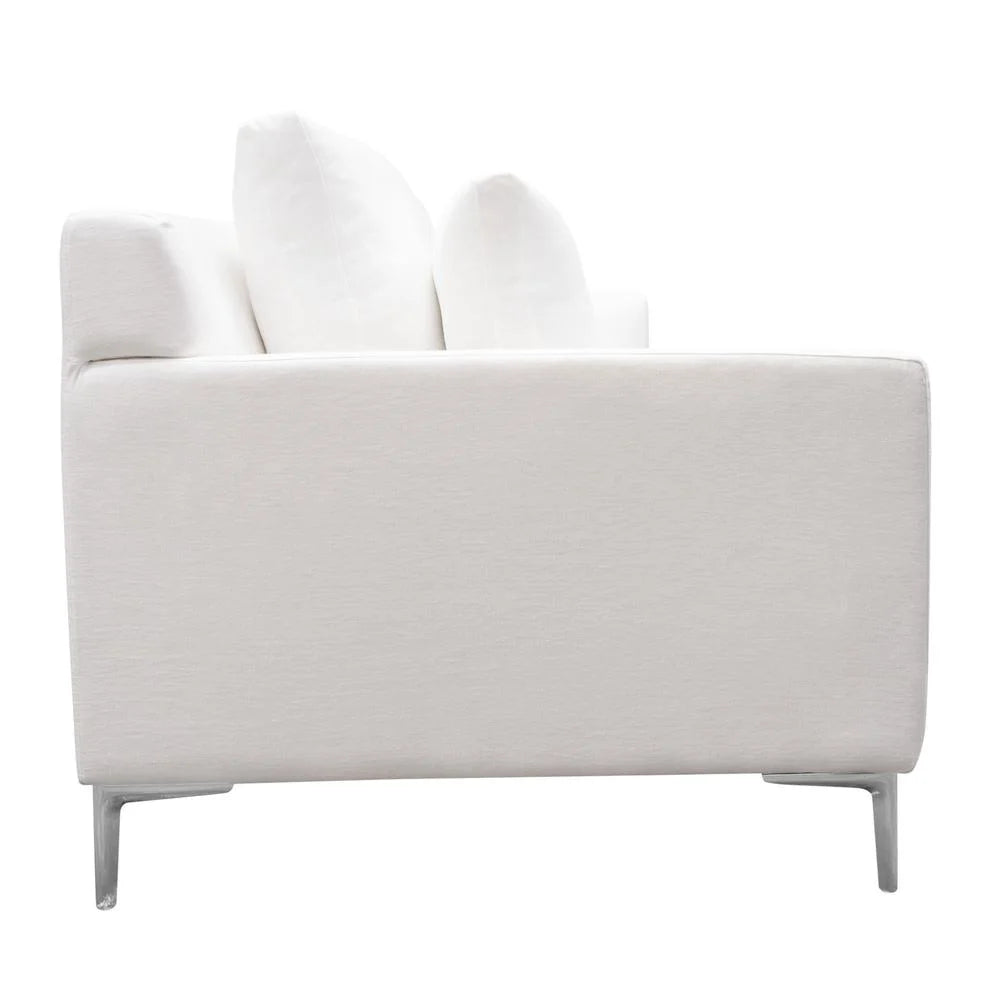 White Linen Sofa with Polished Silver Metal Leg T958