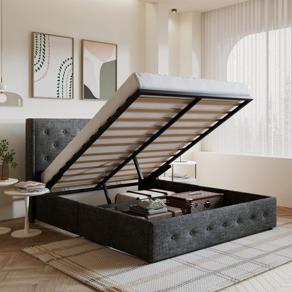 King Size Upholstered Storage Platform Bed Frame with Wingback Headboard T694866