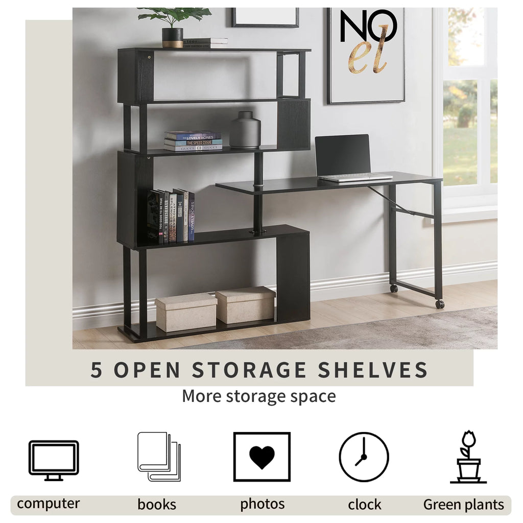 L-Shaped Corner Computer Desk with 5-Tier Bookshelf M3369