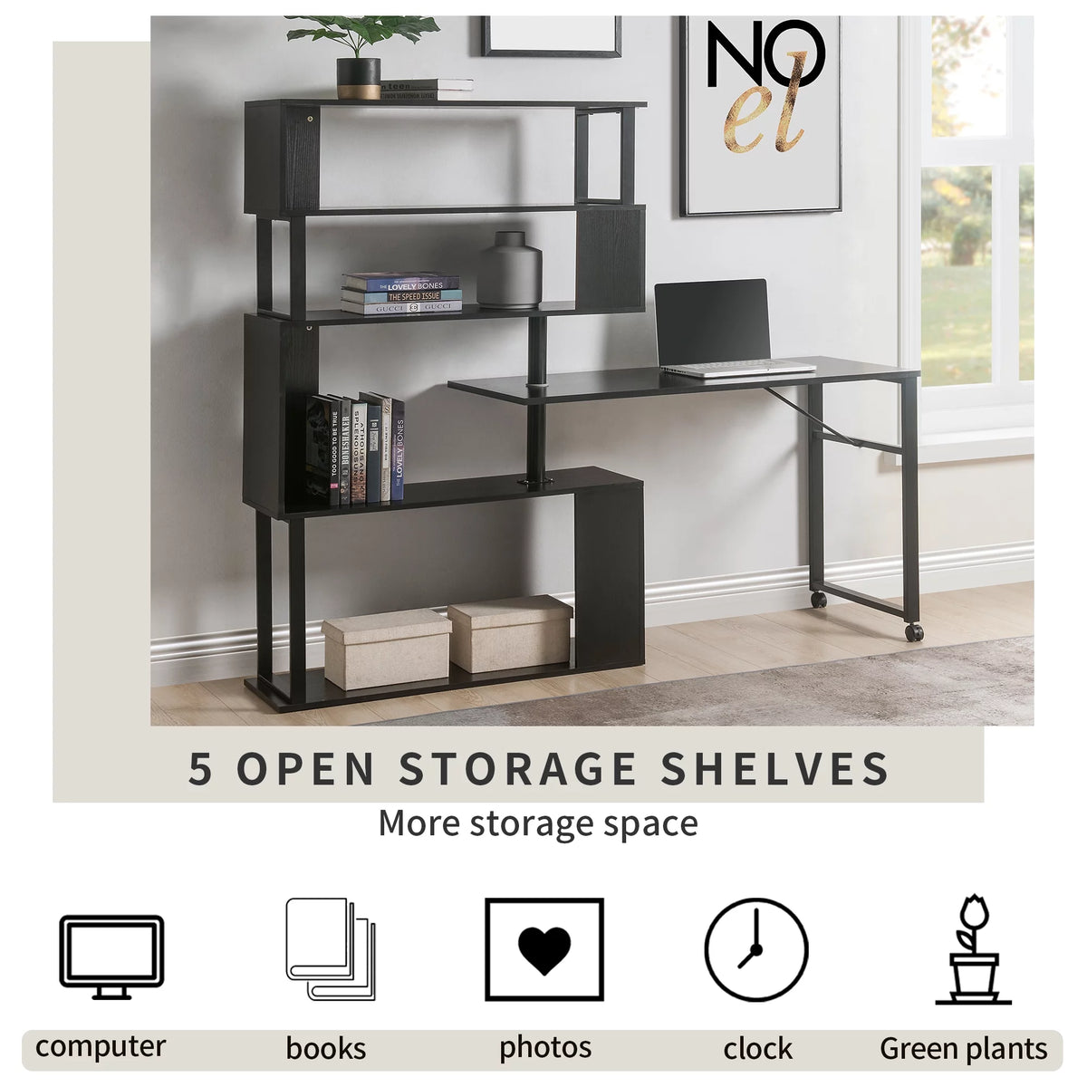 L-Shaped Corner Computer Desk with 5-Tier Bookshelf M3369