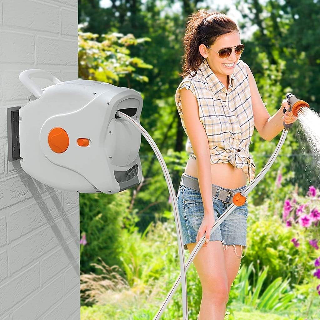 Wall Mount Retractable Garden Hose Reel, 82 FT 5/8 Inch, 8 Patterns Nozzles, Brass Connector S7905