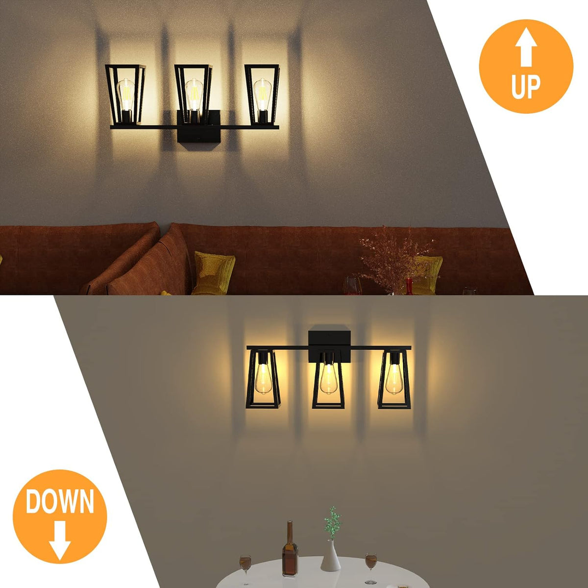 3-Light Matte Black Retro Vanity Light with Amber Glass LED Bulbs I33812