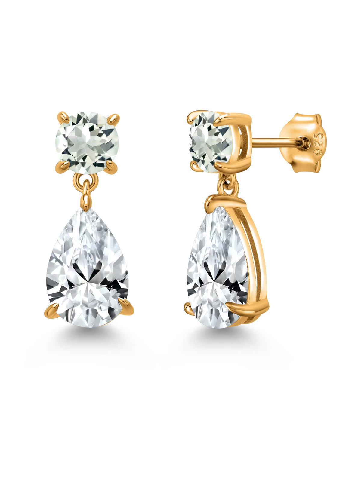 18K Yellow Gold Plated Silver White Created Sapphire and Green Prasiolite Teardrop Dangle Drop Earrings D23542