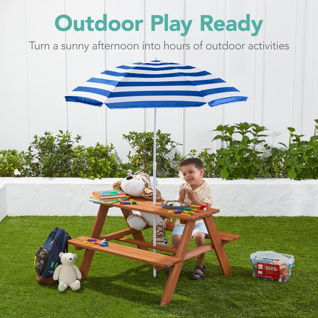 Kids Wooden Picnic Table with Adjustable Umbrella and Built-In Seats L289392