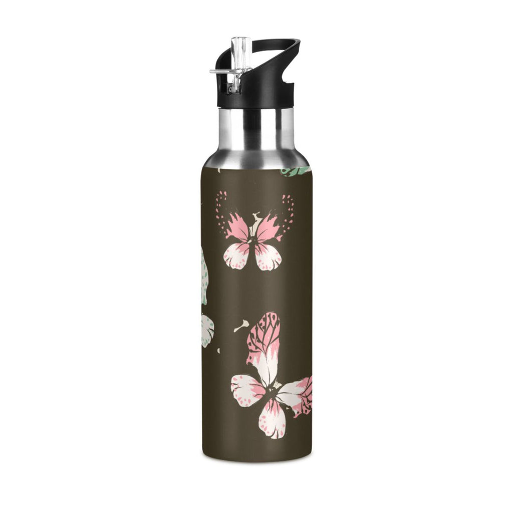 Pink-green Butterfly Leopard Print Stainless Steel Vacuum Insulated Water Bottle with Straw Lid 20 OZ D63662