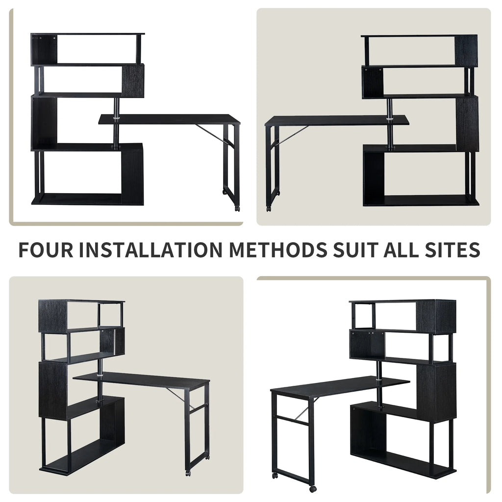 L-Shaped Corner Computer Desk with 5-Tier Bookshelf M3369