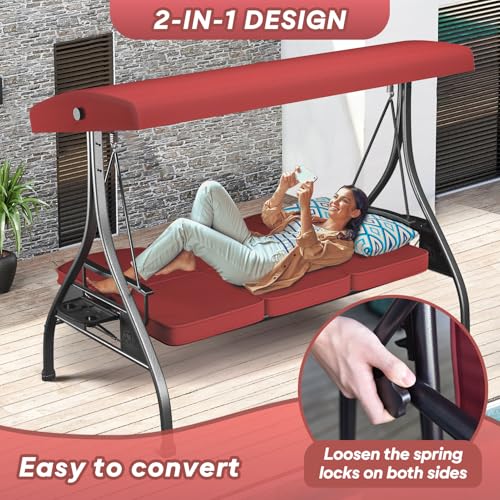 3 Seat Outdoor Patio Swing with Stand Adjustable Canopy Wine Red H862524