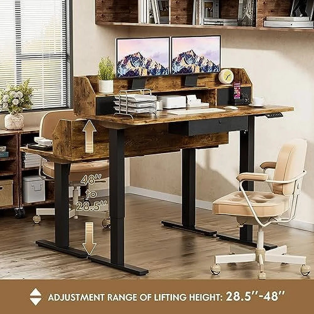 Electric Standing Desk with Triple Drawers 55 x 24 Inch Rustic Brown Z4676