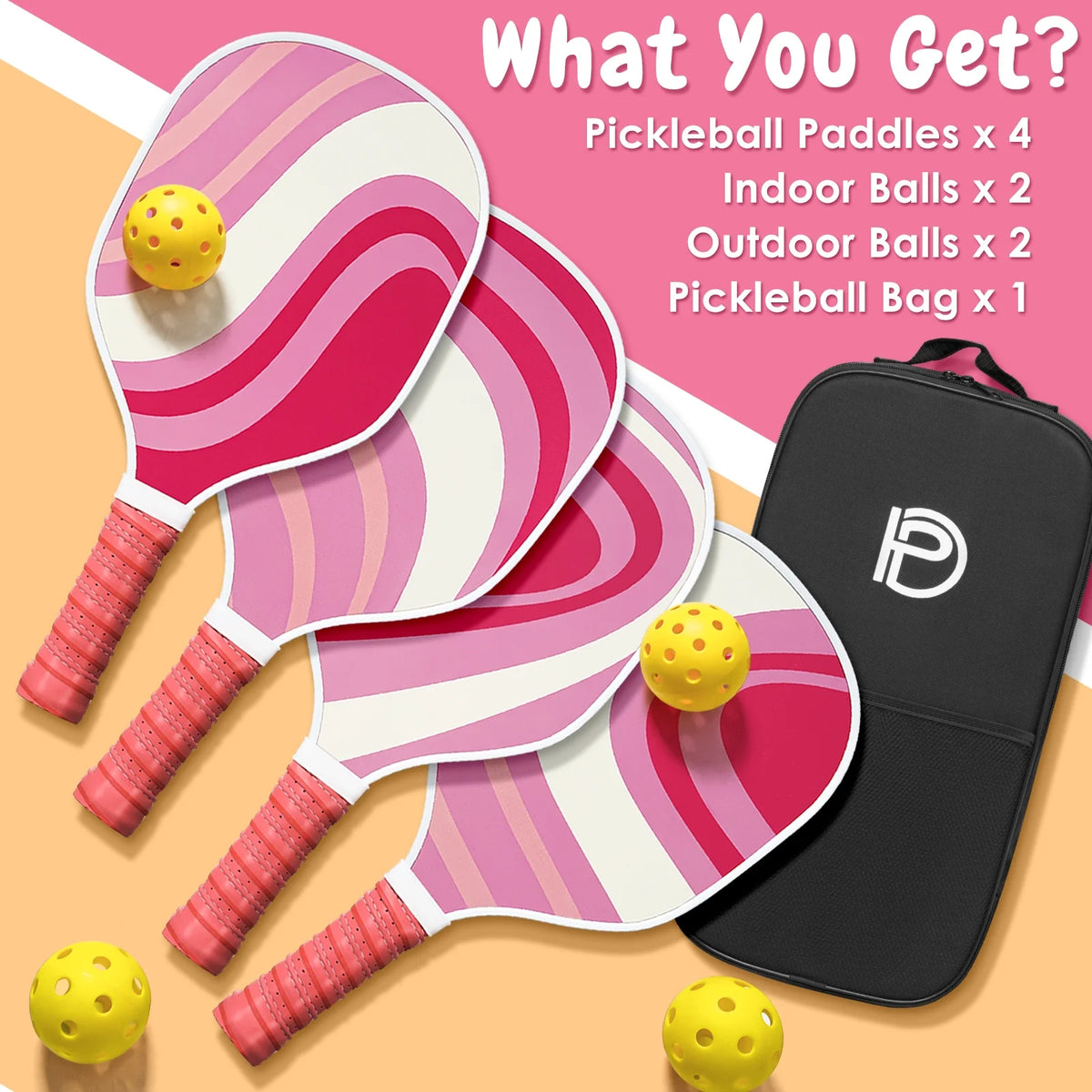Set of 4 Wooden Pickleball Paddles with Balls and Bag Q39480