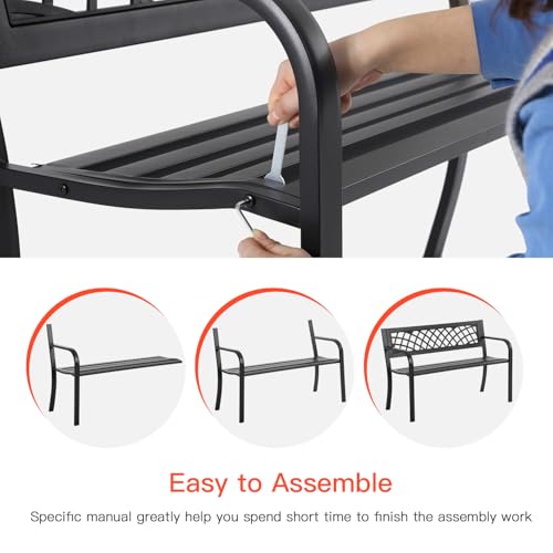 Iron Steel Frame Patio Bench with Mesh Pattern and Plastic Backrest Armrests, Black O36891