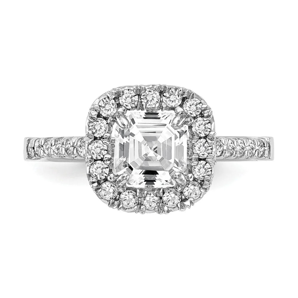 14K White Gold Ring Band Engagement Semi Mount Asscher (4 Prong) Octagon Emerald Diamond, Lab Grown Round, Size 9 F7888